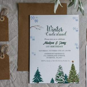 Winter onderland Christmas Twin Birthday party Invitation