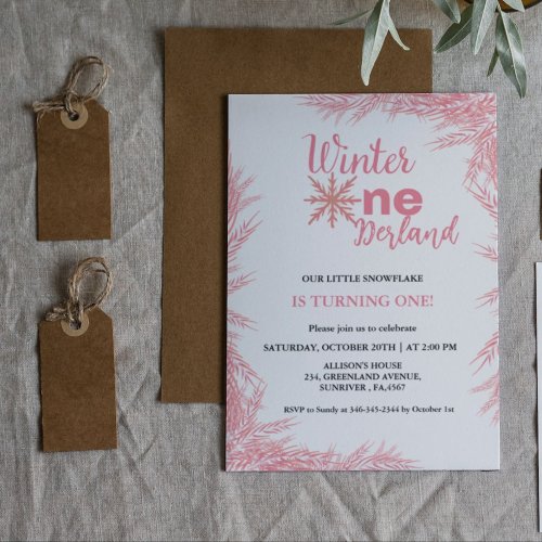 Winter Onderland  Girl First Birthday Party Invitation