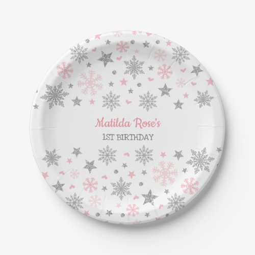 Winter Onderland Pink Silver Snowflake Birthday Paper Plates