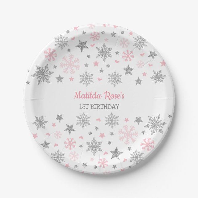 Winter Onderland Pink Silver Snowflake Birthday Paper Plates (Front)