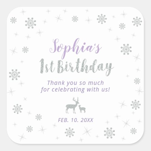 Winter onderland Silver  Purple 1st Birthday Square Sticker