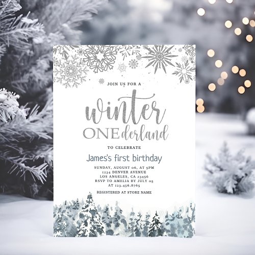 Winter Onderland Silver Snowflakes 1st Birthday Invitation