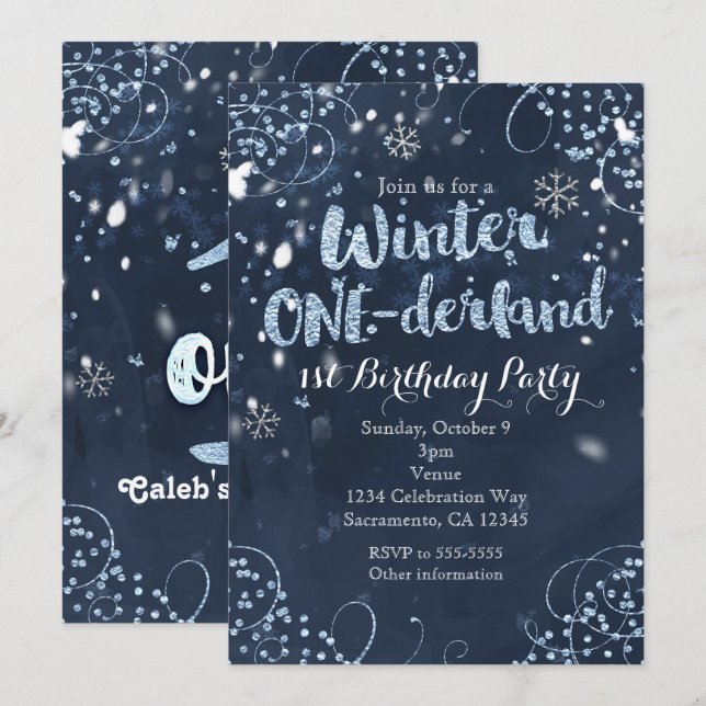 Winter ONE-derland 1st Birthday Party Invitations (Front/Back)