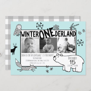 Winter One-derland 1st Birthday Tri Photo Woodland Invitation