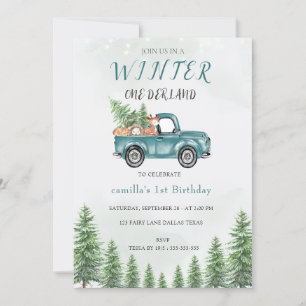 Winter ONE Derland Green Truck Birthday Party Invitation