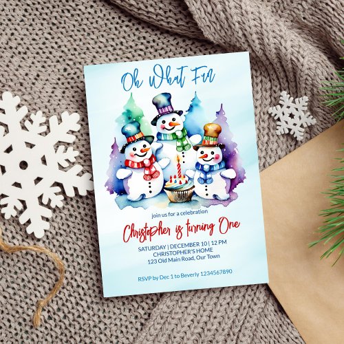 Winter onederalnd cute snowmen birthday party invitation