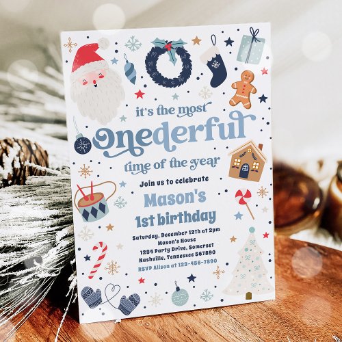Winter ONEderful Blue Christmas Birthday Party Invitation