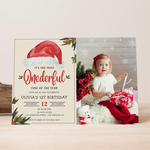 Winter Onederful Christmas Santa Hat Birthday Invitation
