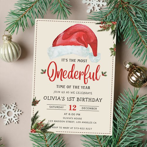 Winter Onederful Christmas Santa Hat Birthday Invitation