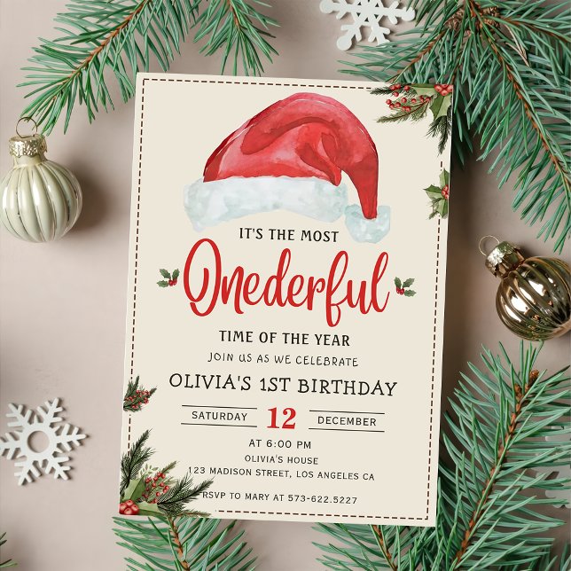 Winter Onederful Christmas Santa Hat Birthday Invitation (Creator Uploaded)