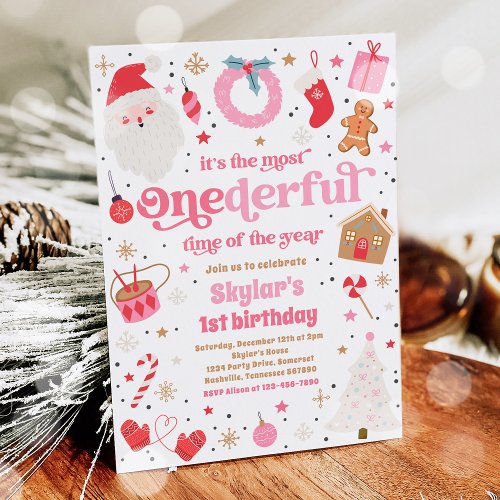 Winter ONEderful Pink Christmas Birthday Party Invitation