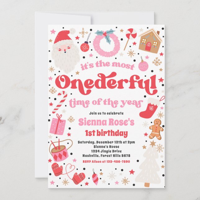 Winter ONEderful Pink Christmas Birthday Party Invitation (Front)