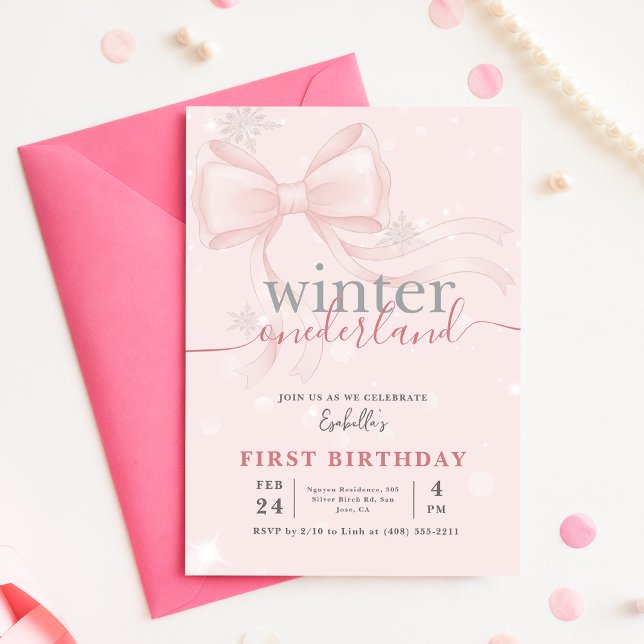 Winter Onederlan Pink Bow Baby First Birthday Invitation (Creator Uploaded)