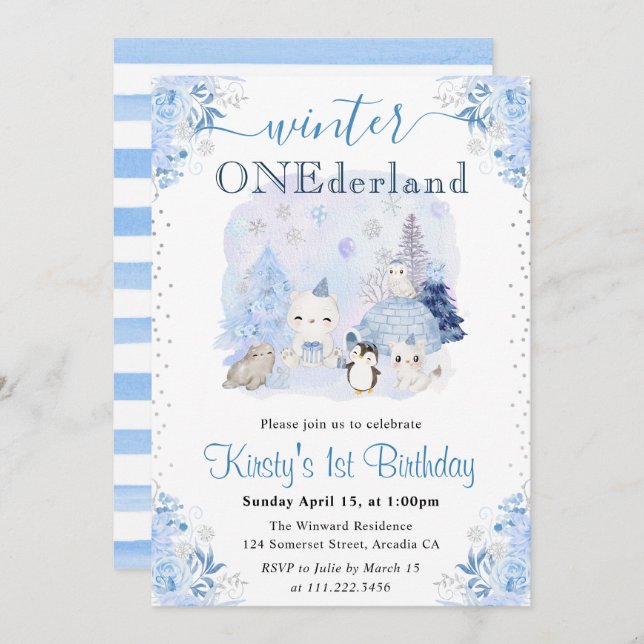 Winter ONEderland 1st Birthday Arctic Animals Invitation (Front/Back)
