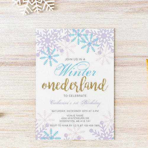 Winter Onederland 1st Birthday Baby Girl Cute snow Invitation