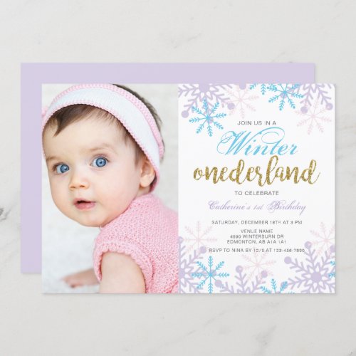 Winter Onederland 1st Birthday Baby Girl photo Invitation