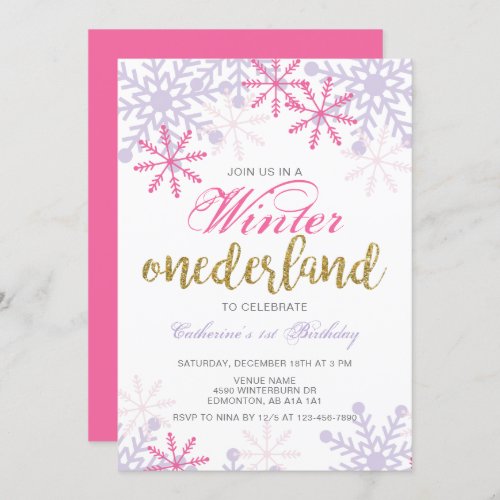 Winter Onederland 1st Birthday Baby Girl Pink Invitation