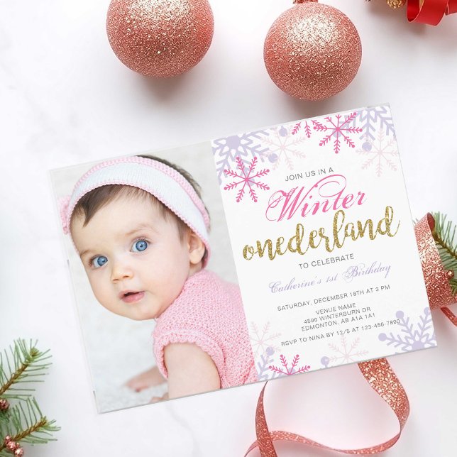 Winter Onederland 1st Birthday Baby Girl Pink Invitation (Creator Uploaded)