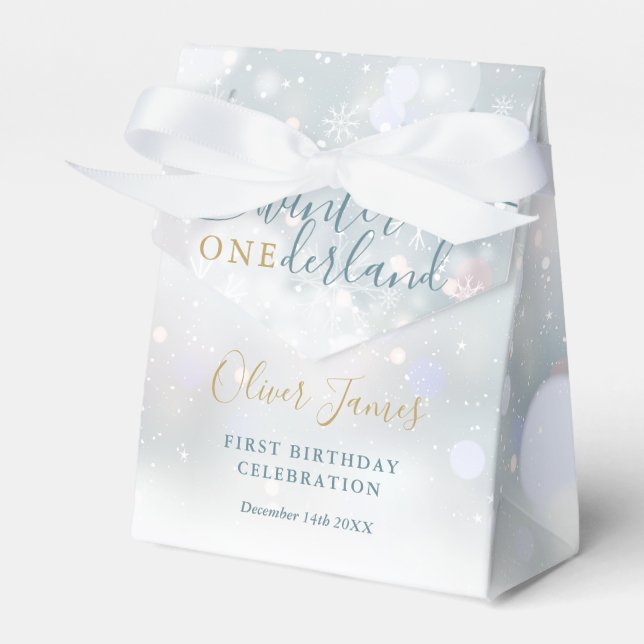 Winter Onederland 1st Birthday Blue And Gold Favor Boxes (Front Side)