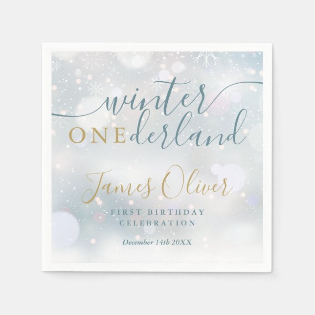 Winter Onederland 1st Birthday Blue And Gold Napkins (Front)