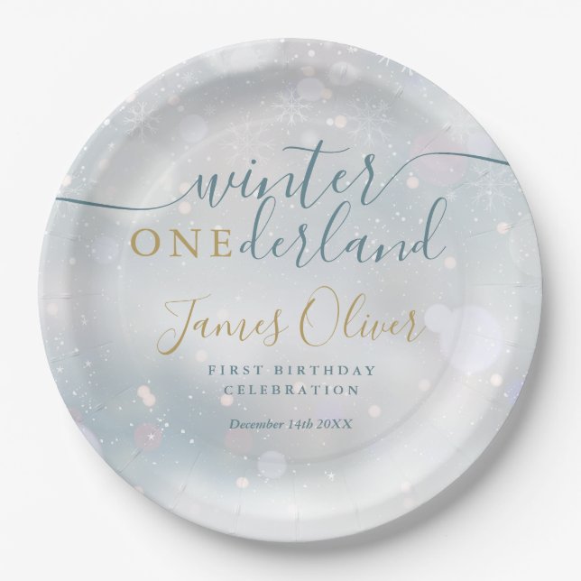 Winter Onederland 1st Birthday Blue And Gold Paper Plates (Front)