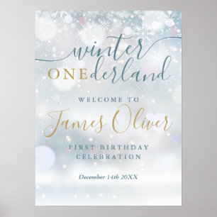 Winter Onederland 1st Birthday Blue Gold Welcome Poster