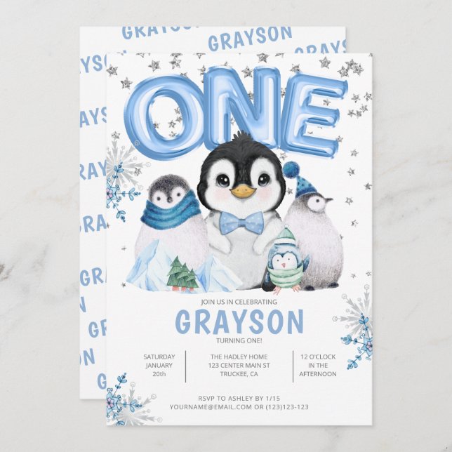 Winter Onederland 1st Birthday Blue Invitation (Front/Back)