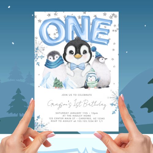 Winter Onederland 1st Birthday Blue Invitation