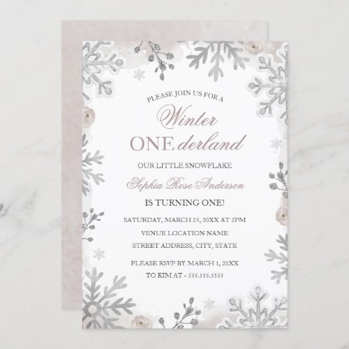 Winter Onederland 1st Birthday Blush Snowflake  In Invitation
