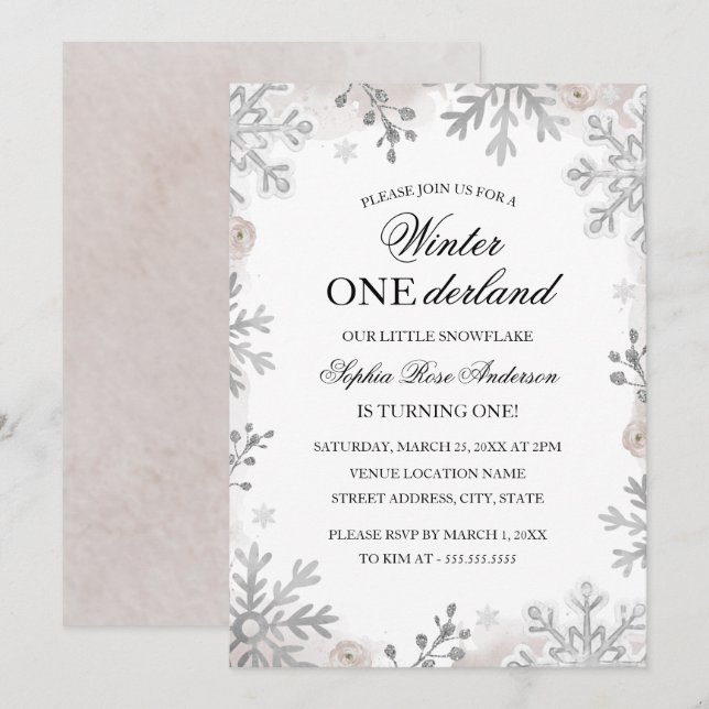 Winter Onederland 1st Birthday Blush Snowflake  Invitation (Front/Back)
