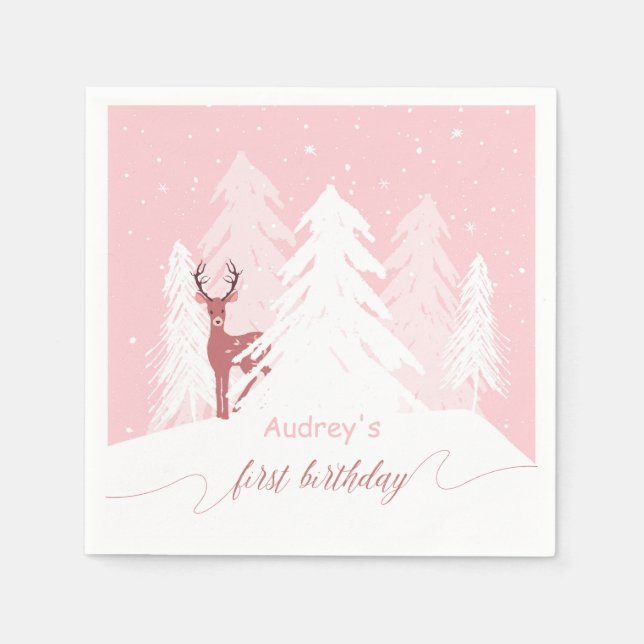 Winter Onederland 1st Birthday Custom Napkin Pink (Front)