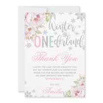 Winter ONEderland 1st Birthday Floral Silver Snows Thank You Card