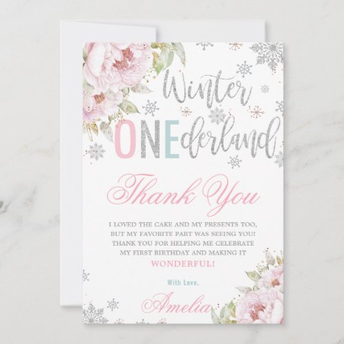 Winter ONEderland 1st Birthday Floral Silver Snows Thank You Card