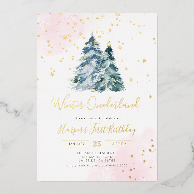 Winter Onederland 1st Birthday Girl Foil Invitation (Front)
