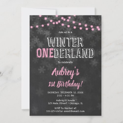 Winter Onederland 1st Birthday girl pink black Invitation