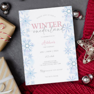 Winter Onederland 1st Birthday Girl Snowflake Invitation