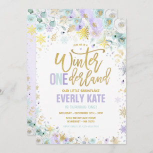 Winter ONEderland 1st Birthday Gold Lilac Mint Invitation