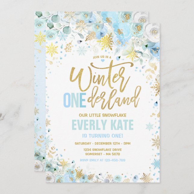 Winter ONEderland 1st Birthday Gold Mint Blue Invitation (Front/Back)
