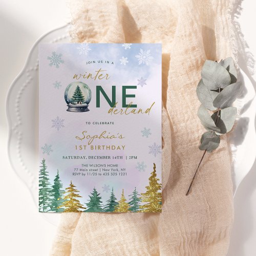 Winter Onederland 1st Birthday Gold Pine Tree Invitation