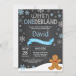 Winter Onederland 1st Birthday Invitation<br><div class="desc">Winter Onederland Snowman 1st Birthday Invitation. Gingerbread man. Blue and White Snowflake. First Birthday. Boy 1st Bday Invite. Chalkboard Background. Black and White. For further customization,  please click the "Customize it" button and use our design tool to modify this template.</div>