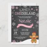 Winter Onederland 1st Birthday Invitation<br><div class="desc">Winter Onederland Snowman 1st Birthday Invitation. Gingerbread man. Pink and White Snowflake. First Birthday. Girl 1st Bday Invite. Chalkboard Background. Black and White. For further customization,  please click the "Customize it" button and use our design tool to modify this template.</div>