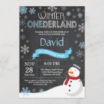 Winter Onederland 1st Birthday Invitation<br><div class="desc">Winter Onederland Snowman 1st Birthday Invitation. Baby Boy. Blue and White Snowflake. First Birthday. Boy 1st Bday Invite. Chalkboard Background. Black and White. For further customization,  please click the "Customize it" button and use our design tool to modify this template.</div>
