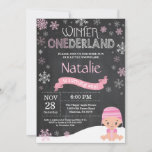 Winter Onederland 1st Birthday Invitation<br><div class="desc">Winter Onederland Polar Bear 1st Birthday Invitation. Baby Girl. Pink and White Snowflake. First Birthday. Girl 1st Bday Invite. Chalkboard Background. Black and White. For further customization,  please click the "Customize it" button and use our design tool to modify this template.</div>