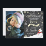 Winter Onederland 1st Birthday Invitation<br><div class="desc">Winter Onederland Snowman 1st Birthday Invitation with custom photo. Baby Boy or Girl. Yellow and White Snowflake. First Birthday. Boy or Girl 1st Bday Invite. Chalkboard Background. Black and White. For further customization,  please click the "Customize it" button and use our design tool to modify this template.</div>