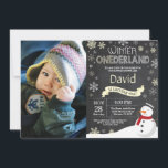Winter Onederland 1st Birthday Invitation<br><div class="desc">Winter Onederland Snowman 1st Birthday Invitation with custom photo. Baby Boy or Girl. Yellow and White Snowflake. First Birthday. Boy or Girl 1st Bday Invite. Chalkboard Background. Black and White. For further customization,  please click the "Customize it" button and use our design tool to modify this template.</div>