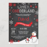 Winter Onederland 1st Birthday Invitation<br><div class="desc">Winter Onederland 1st Birthday Invitation. Snowman and Penguin. Red and White Snowflake. First Birthday. Boy or Girl 1st Bday Invite. Chalkboard Background. Black and White. For further customization,  please click the "Customize it" button and use our design tool to modify this template.</div>