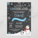 Winter Onederland 1st Birthday Invitation<br><div class="desc">Winter Onederland 1st Birthday Invitation. Snowman and Penguin. Blue and White Snowflake. First Birthday. Boy 1st Bday Invite. Chalkboard Background. Black and White. For further customization,  please click the "Customize it" button and use our design tool to modify this template.</div>