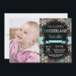 Winter Onederland 1st Birthday Invitation<br><div class="desc">Winter Onederland Boy or Girl 1st Birthday Invitation with custom photo. Aqua Teal Turquoise and White Snowflake. First Birthday. Boy or Girl 1st Bday Invite. Rustic Wood Chalkboard Background. Black and White. Aqua Teal Turquoise Ribbon. For further customization, please click the "Customize it" button and use our design tool to...</div>