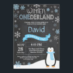 Winter Onederland 1st Birthday Invitation<br><div class="desc">Winter Onederland 1st Birthday Invitation. Penguin. Blue and White Snowflake. First Birthday. Boy 1st Bday Invite. Chalkboard Background. Black and White. For further customization,  please click the "Customize it" button and use our design tool to modify this template.</div>