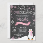 Winter Onederland 1st Birthday Invitation<br><div class="desc">Winter Onederland 1st Birthday Invitation. Penguin. Pink and White Snowflake. First Birthday. Girl 1st Bday Invite. Chalkboard Background. Black and White. For further customization,  please click the "Customize it" button and use our design tool to modify this template.</div>